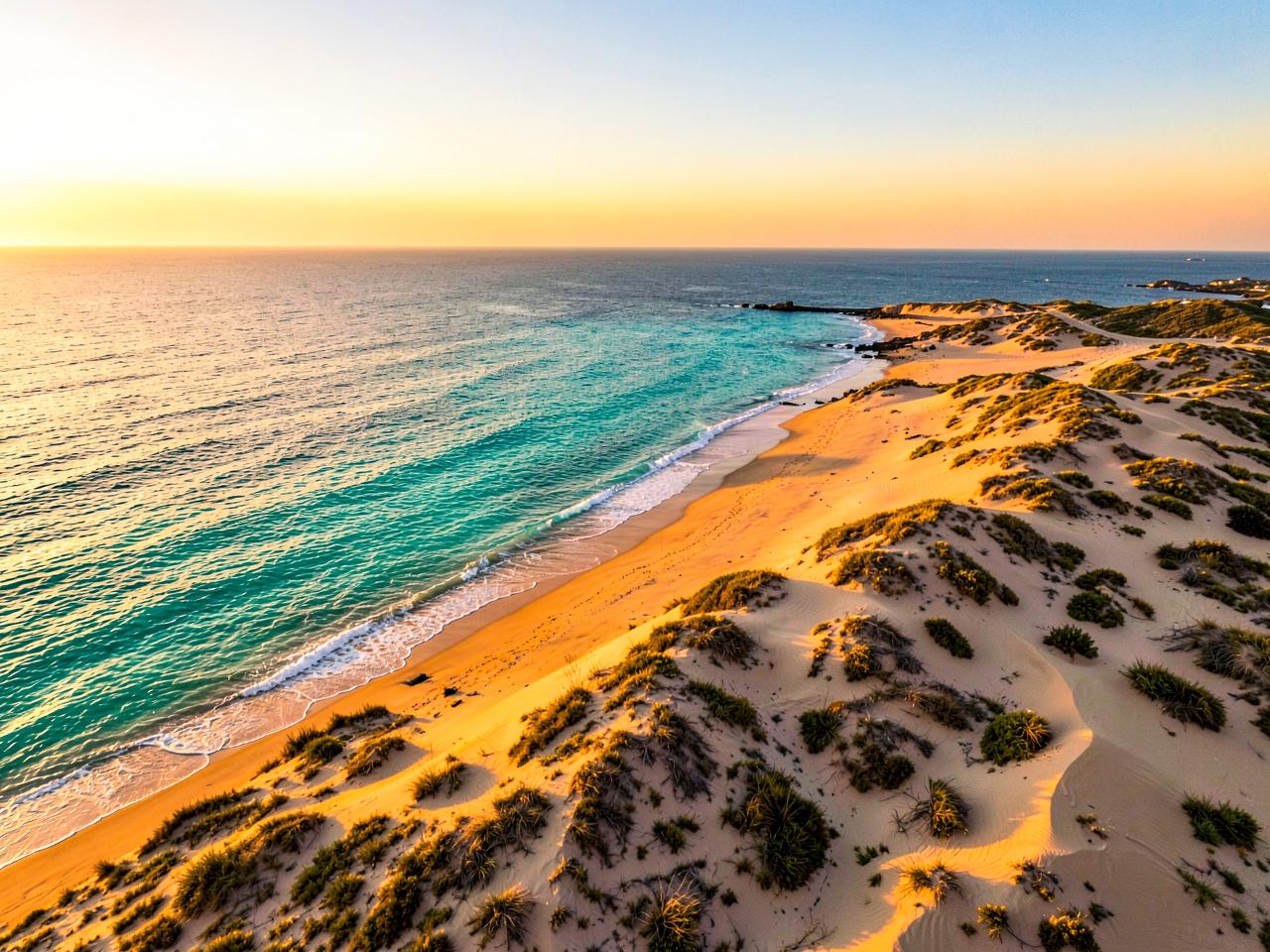 Golden-hour aerial drone photograph of turquoise sea meeting sunlit dunes